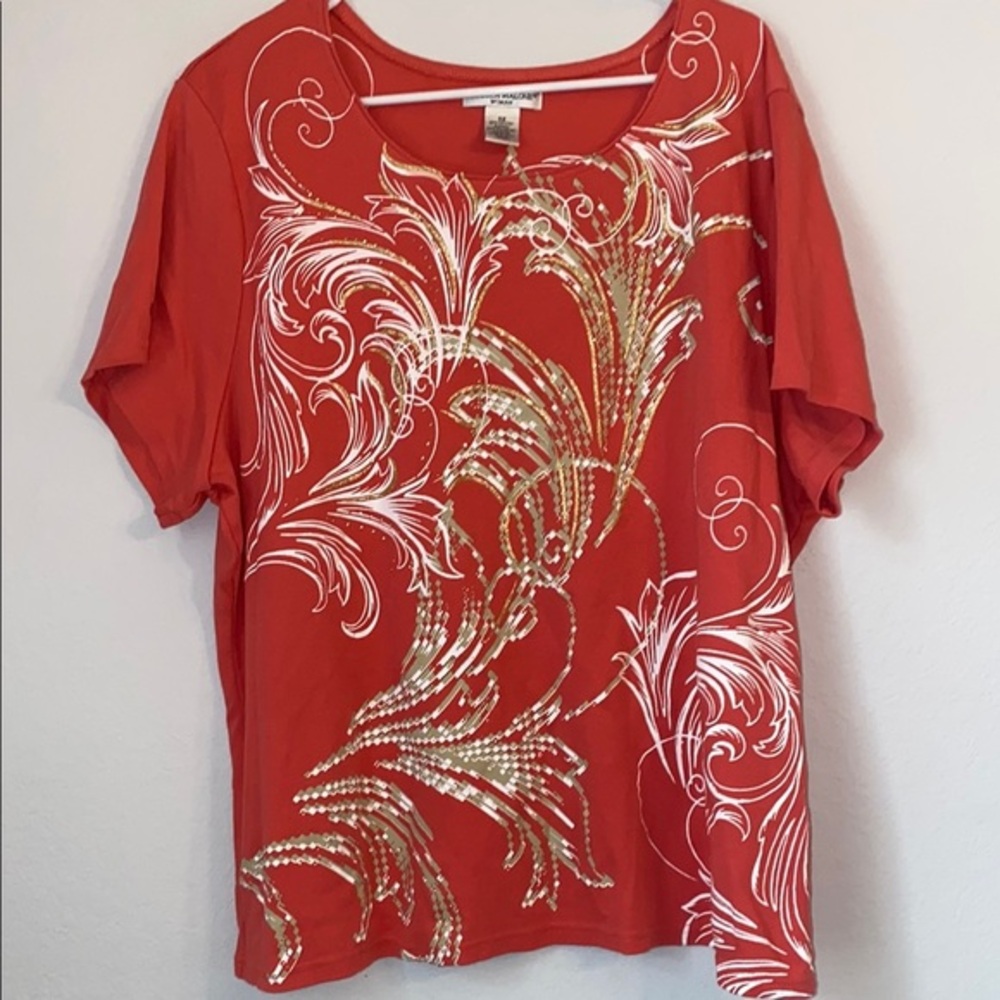 Rebecca Malone Red Blouse with Gold and White Accents